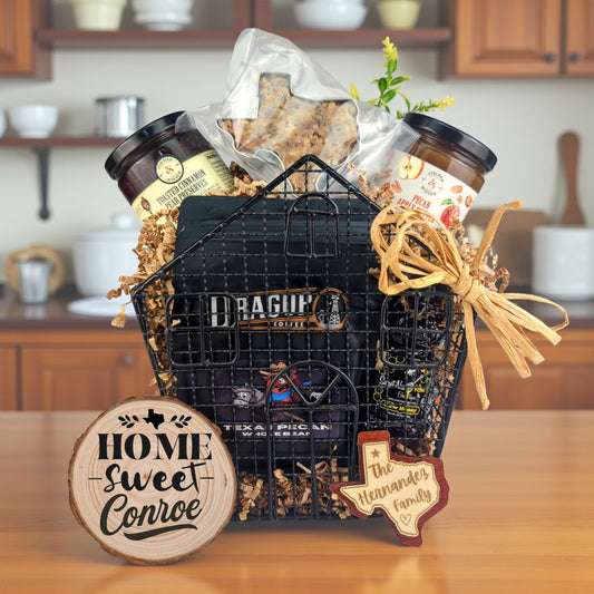Conroe Homestead Treasures gift basket with Texas-made treats and personalized keepsakes