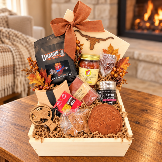 Cozy Nights in Texas fall gift, preserving the original texas fireside favorites arrangement in an autumn setting.