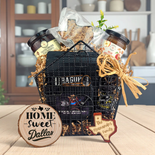 Dallas Heart of Home gift basket with Texas-made treats and personalized keepsakes