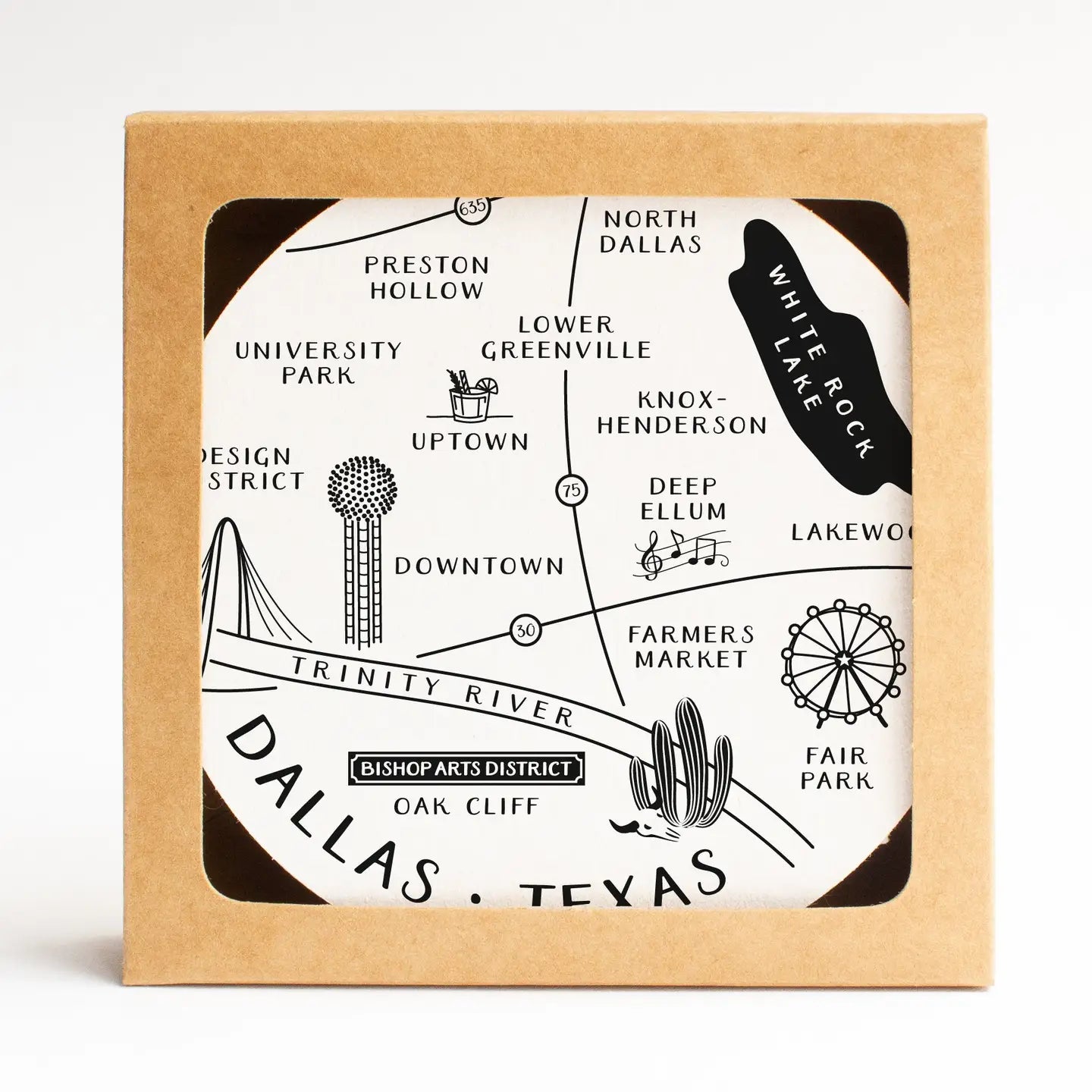 Dallas Neighborhoods Map Coaster Set showing labeled Dallas neighborhoods, styled as a Texas-themed home gift on the Texas Gift Baskets storefront