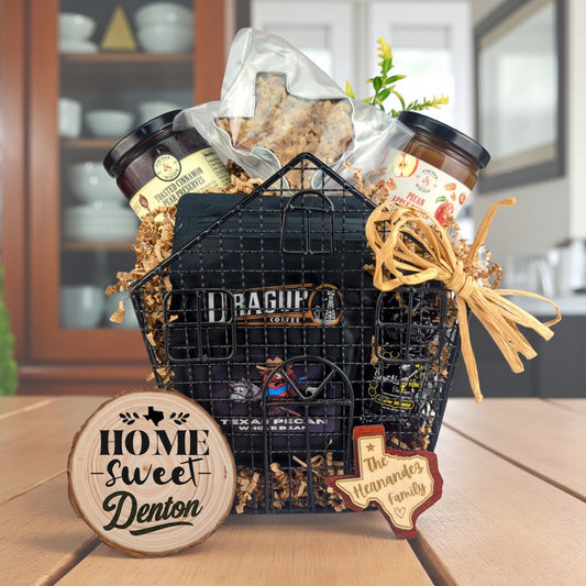 Denton Comforts of Home gift basket with Texas-made treats and personalized keepsakes