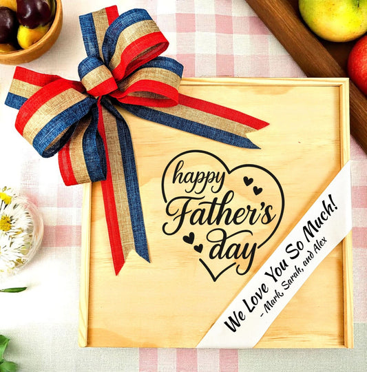 a wood happy father's day gift box and custom printed ribbon