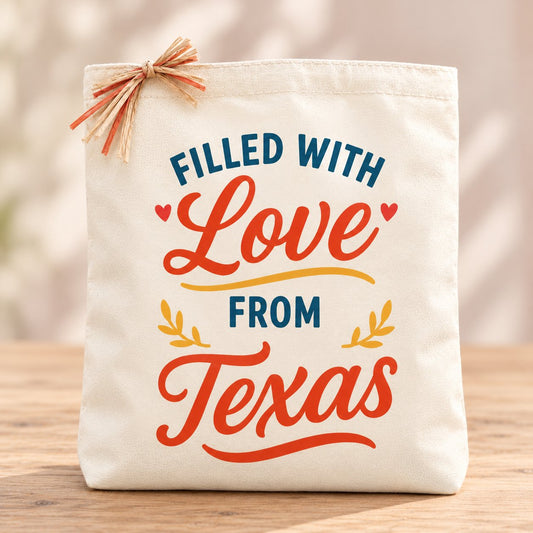 Create Your Own Filled With Love from Texas – Heartfelt Edition Gift Tote with natural raffia in a minimal setting