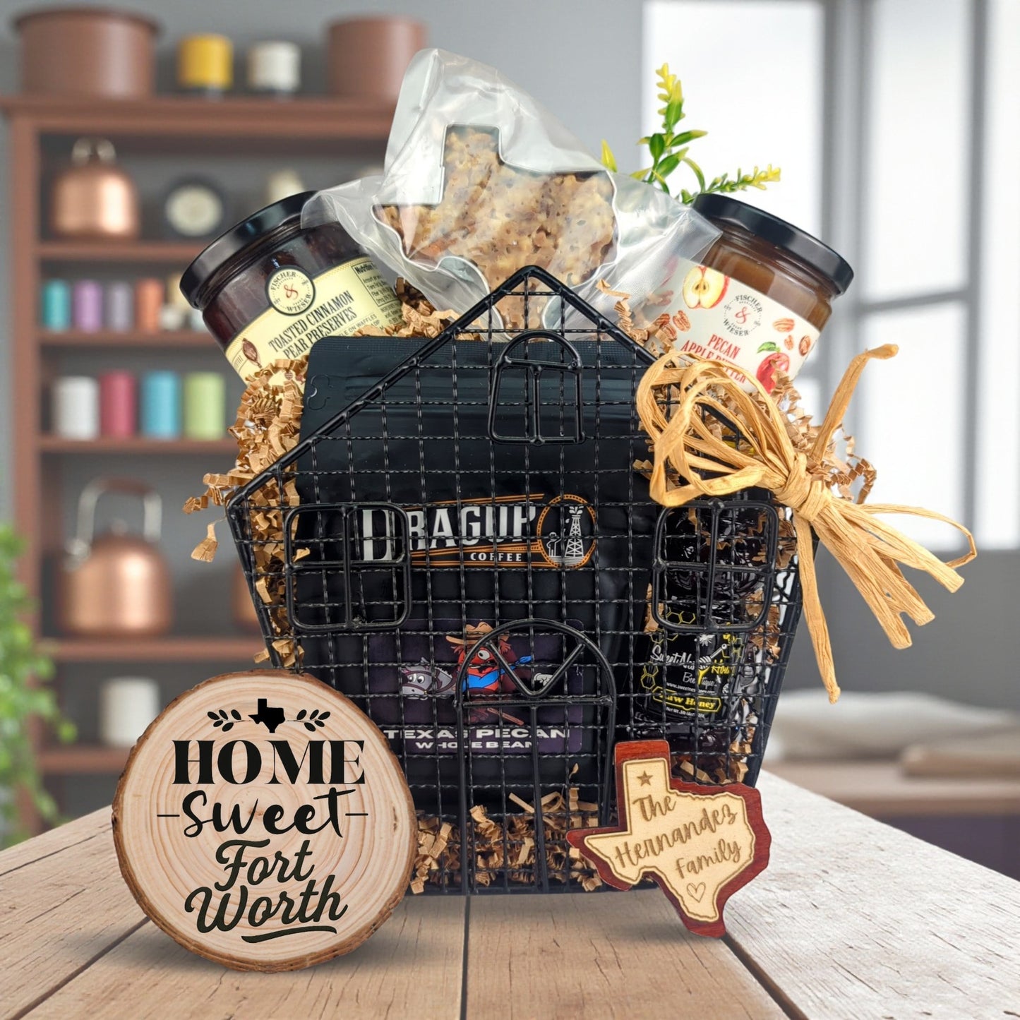 Fort Worth Welcome Home Collection gift basket with Texas-made treats and personalized keepsakes