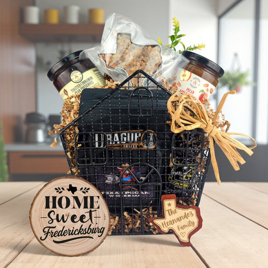 Fredericksburg Home Gatherings gift basket with Texas-made treats and personalized keepsakes