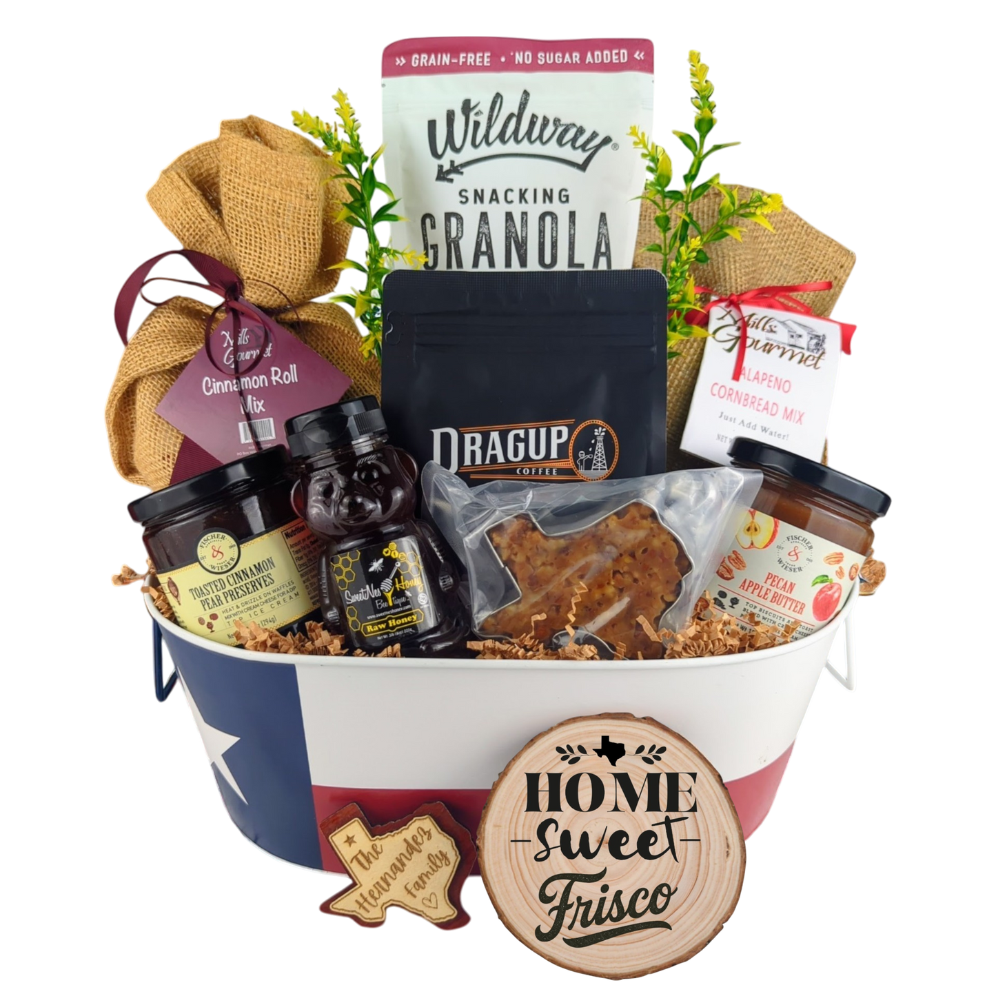 Frisco Morning Breakfast Basket on a white background, showcasing Texas Pecan Coffee, granola, cinnamon rolls, jalapeño cornbread mix, pecan apple butter, raw honey, and praline.