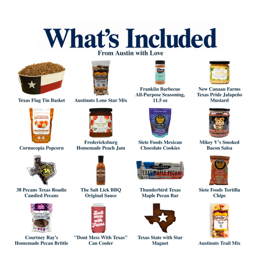 What's included in From Austin with Love: each included item individually labeled.