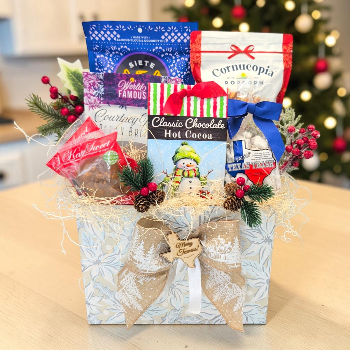 Frosted Texas Christmas Box with cocoa and Christmas sweets in a winter basket box