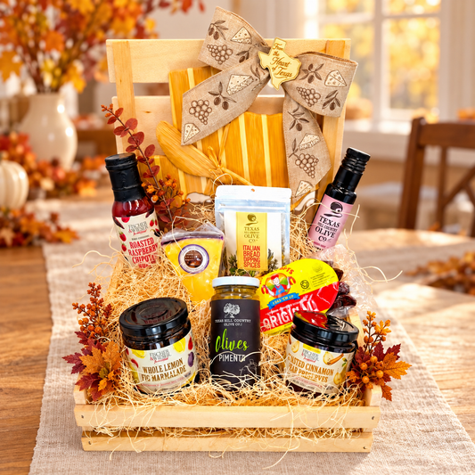 Gather ’Round Texas fall gift, preserving the original texas pantry charcuterie crate arrangement in an autumn setting.