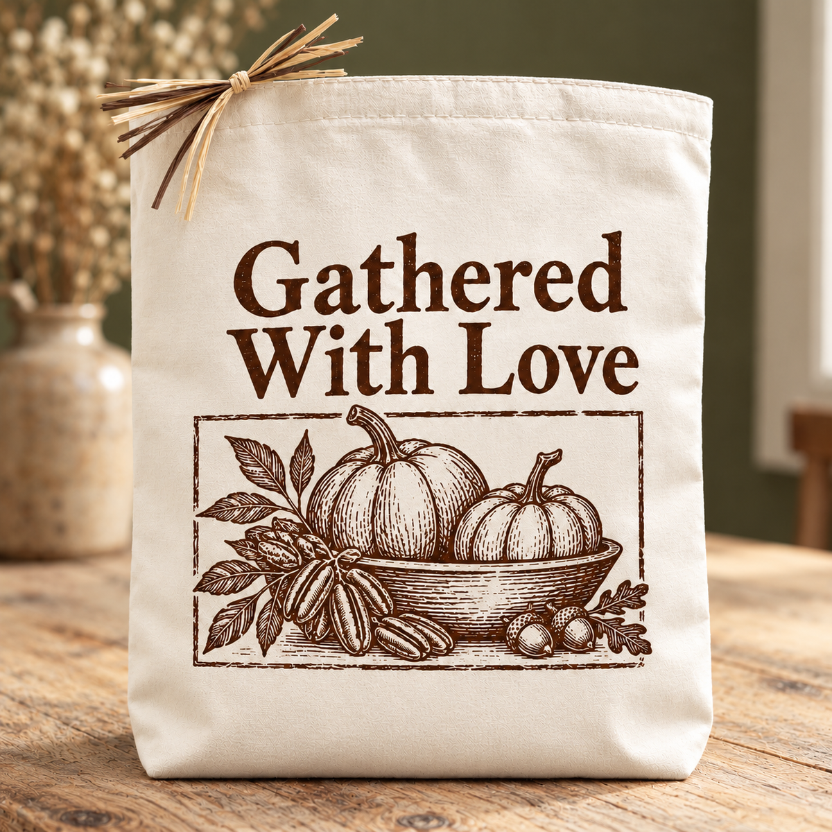 Cream canvas Gathered With Love tote with espresso letterpress-style text and a rustic linocut pumpkin and pecan harvest scene.