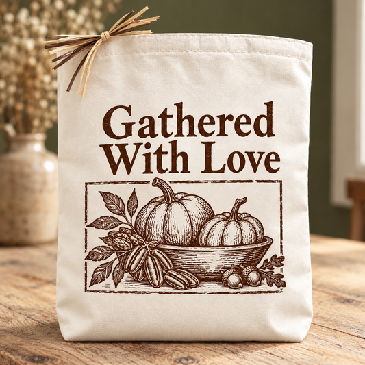 Cream canvas Gathered With Love tote with espresso letterpress-style text and a rustic linocut pumpkin and pecan harvest scene.