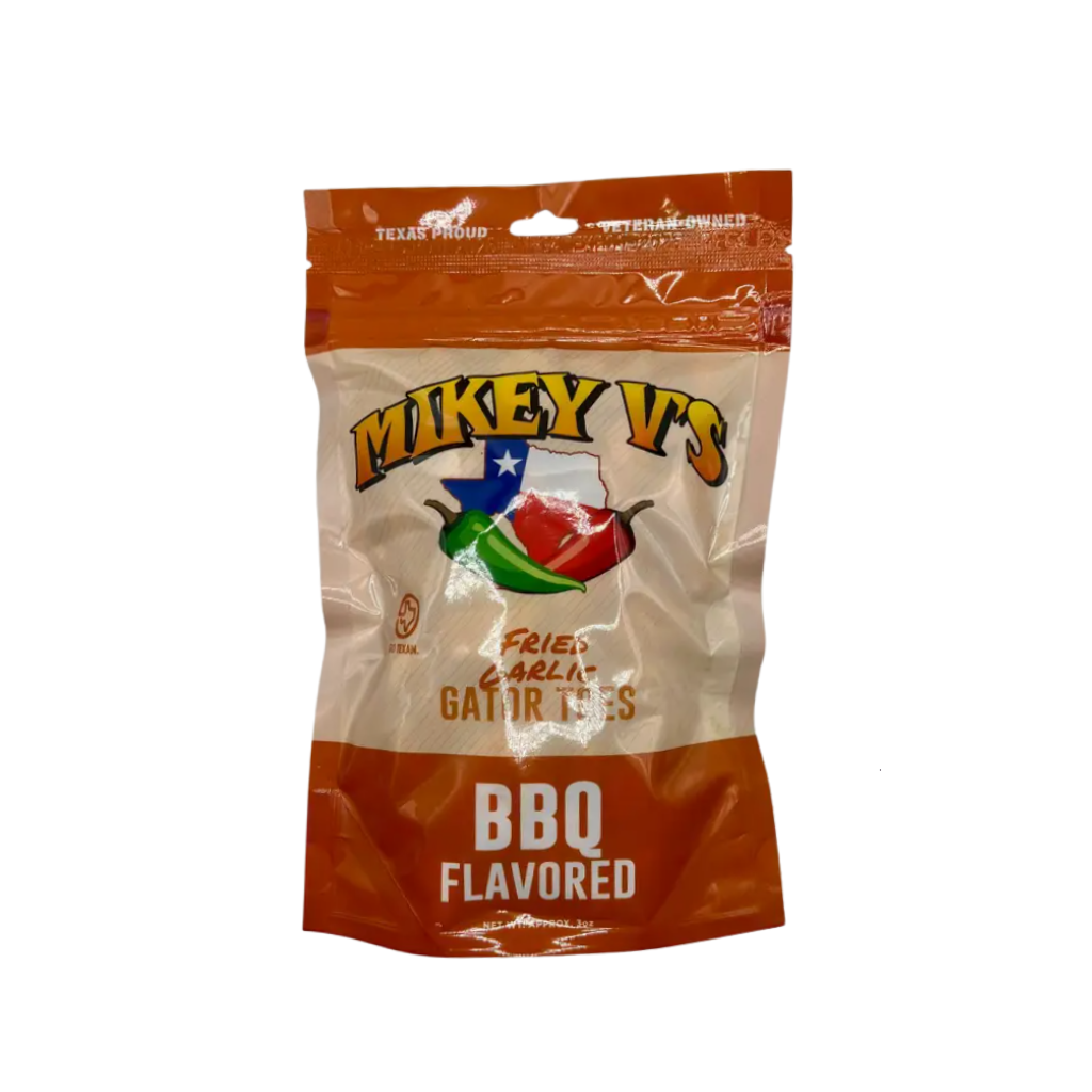 A package of Austin TX Mikey V's BBQ Gator Toes, which are deep-fried garlic cloves seasoned with BBQ flavor