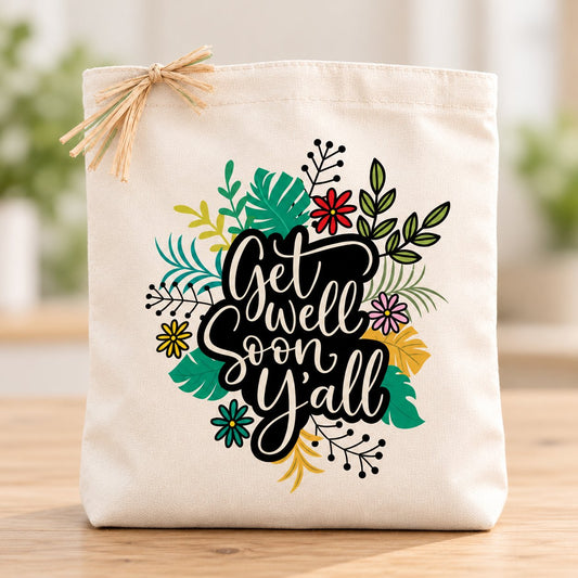 Create Your Own Get Well Soon Y’all Gift Tote with natural raffia in a minimal setting