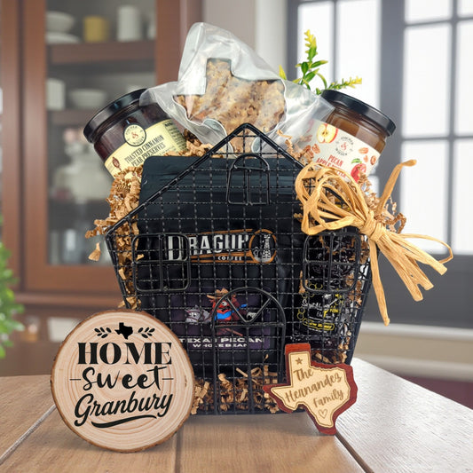 Granbury Comforts of Home gift basket with Texas-made treats and personalized keepsakes