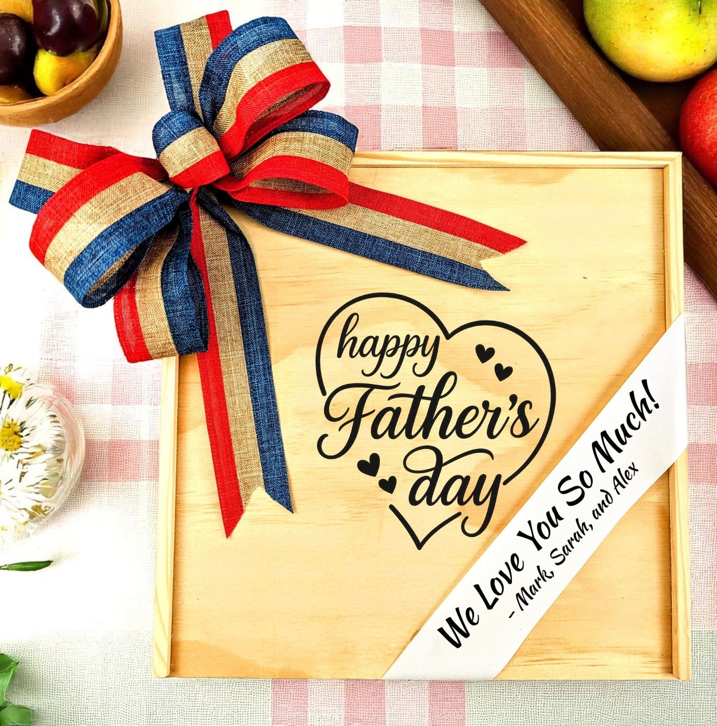 Personalized wooden Father’s Day gift box with Happy Father’s Day heart engraving, striped ribbon bow, and custom love message sash.