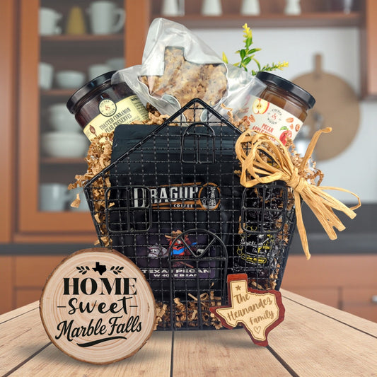 Heart of Home Marble Falls gift basket with Texas-made treats and personalized keepsakes