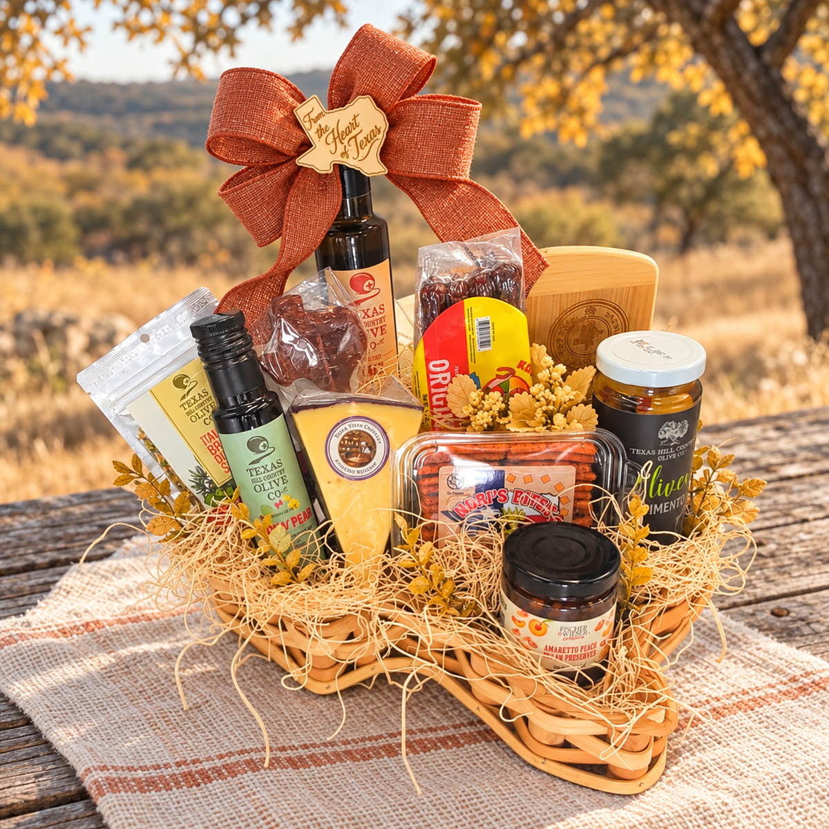 Hill Country Autumn Gathering fall gift, preserving the original hill country picnic arrangement in an autumn setting.