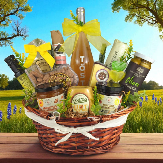 a texas gift basket with non alcoholic drink, olives, pecans, preserves, cheese and texas goods on a wooden table with a texas hill country background with bluebonnets