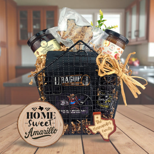 Home in Texas Basket Amarillo with Texas-made treats and personalized keepsakes