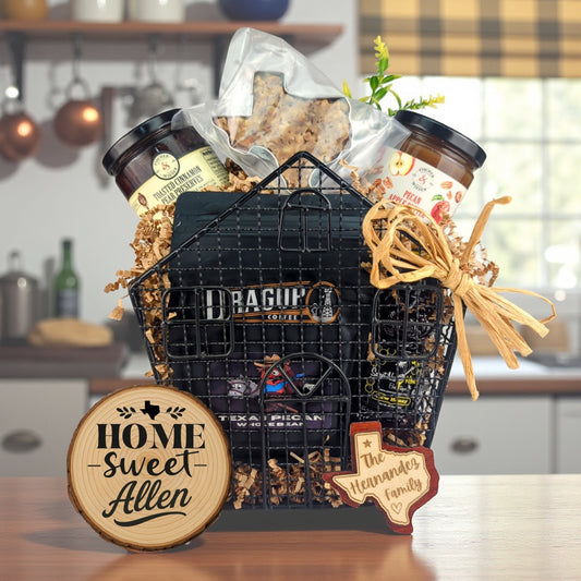 Home Sweet Texas Basket Allen with Texas-made treats and personalized keepsakes