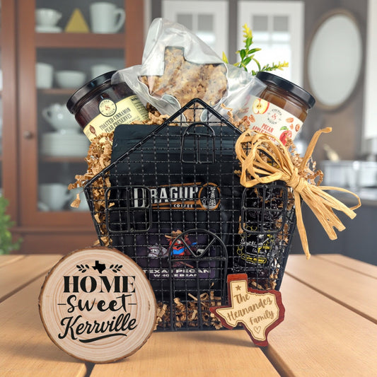 Kerrville Housewarming Delights gift basket with Texas-made treats and personalized keepsakes