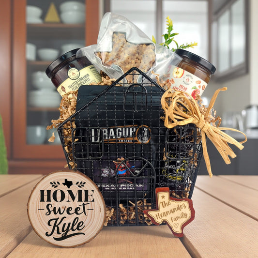 Kyle Hill Country Home Basket with Texas-made treats and personalized keepsakes