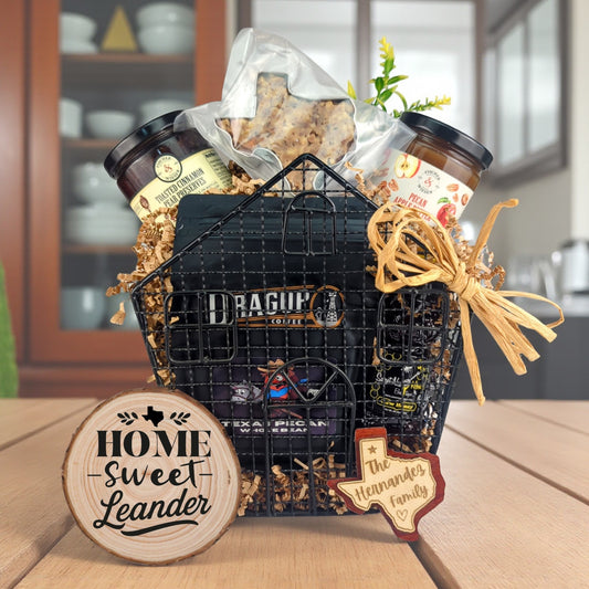 Leander Home Haven gift basket with Texas-made treats and personalized keepsakes