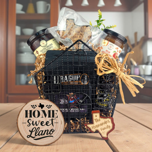 Llano Homestead Comforts gift basket with Texas-made treats and personalized keepsakes