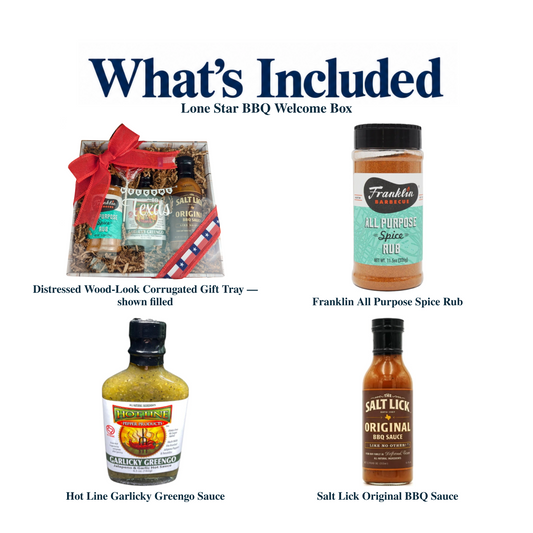 What's included in Lone Star BBQ Welcome Box: each included item individually labeled.