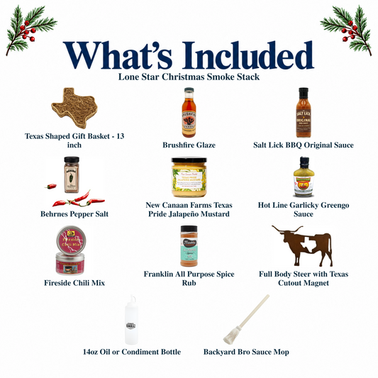 What's included in Lone Star Christmas Smoke Stack: the gift container and each included product, individually labeled.