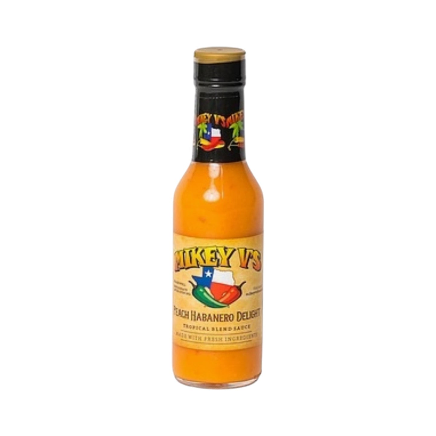 Bottle of Mikey V’s Golden Habanero Delight tropical blend hot sauce with bright orange sauce visible through glass