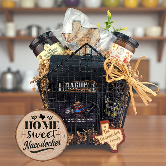 Nacogdoches Heritage Home Treasures gift basket with Texas-made treats and personalized keepsakes