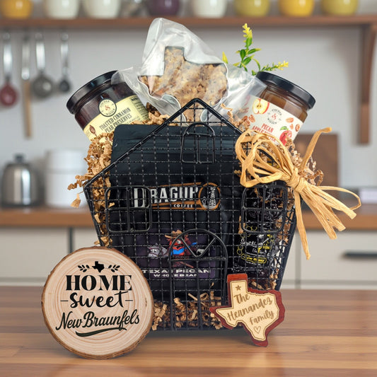 New Braunfels Heritage Home Treasures gift basket with Texas-made treats and personalized keepsakes