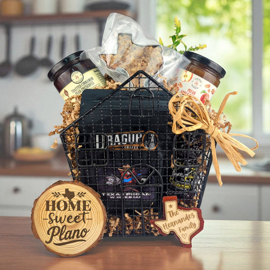 Plano Heritage Home Treasures gift basket with Texas-made treats and personalized keepsakes