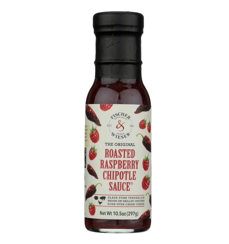 a bottle of Fischer & Weiser Roasted raspberry chipotle sauce, on a white background