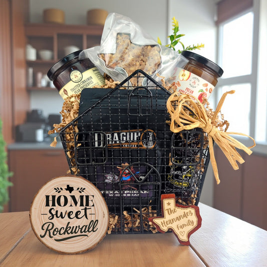 Rockwall Lakeside Home Basket with Texas-made treats and personalized keepsakes