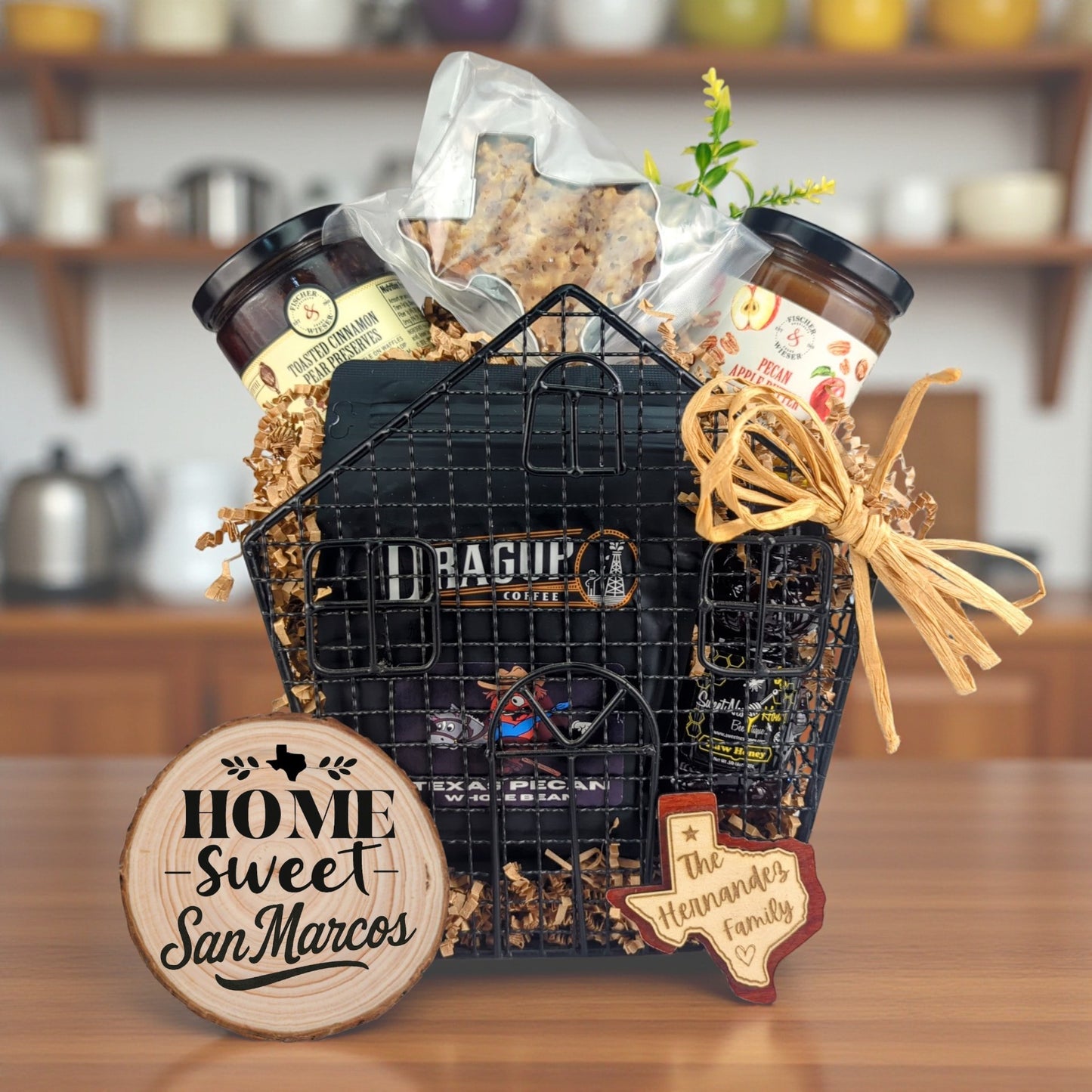 San Marcos Home Gatherings gift basket with Texas-made treats and personalized keepsakes