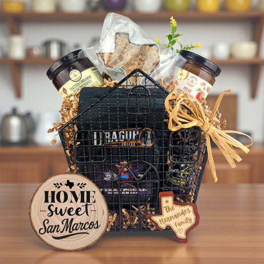 San Marcos Home Gatherings gift basket with Texas-made treats and personalized keepsakes