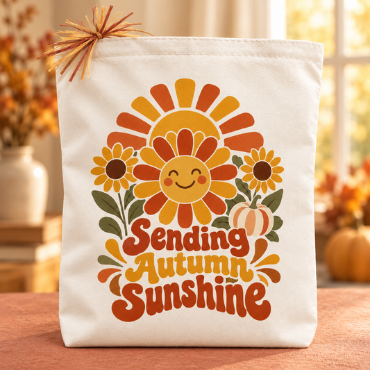 Cream canvas Sending Autumn Sunshine tote with bold retro lettering, graphic sunflowers, and mustard-orange sun rays.