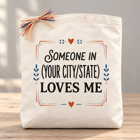 Create Your Own "Someone in (Your City/State) Loves Me" Gift Tote with natural raffia in a minimal setting