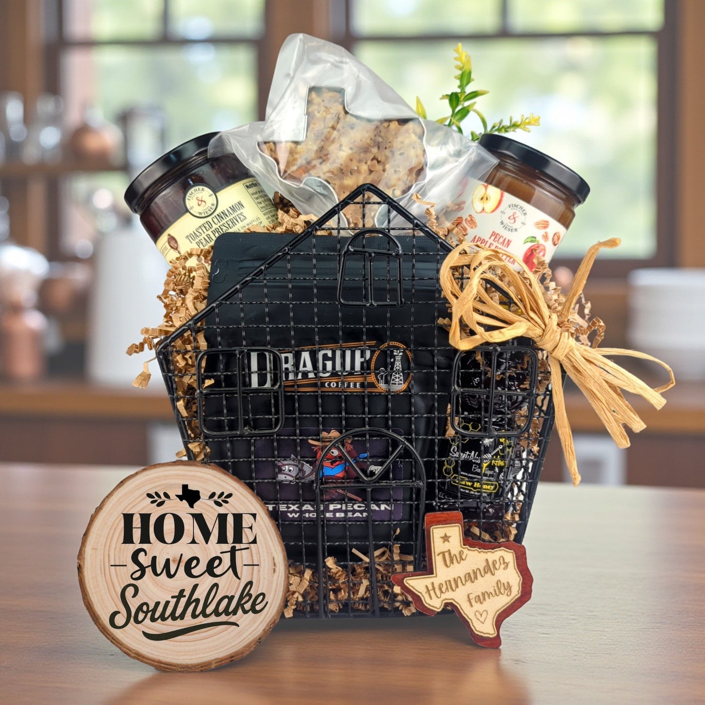 Southlake Homestead Comforts gift basket with Texas-made treats and personalized keepsakes
