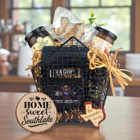 Southlake Homestead Comforts gift basket with Texas-made treats and personalized keepsakes
