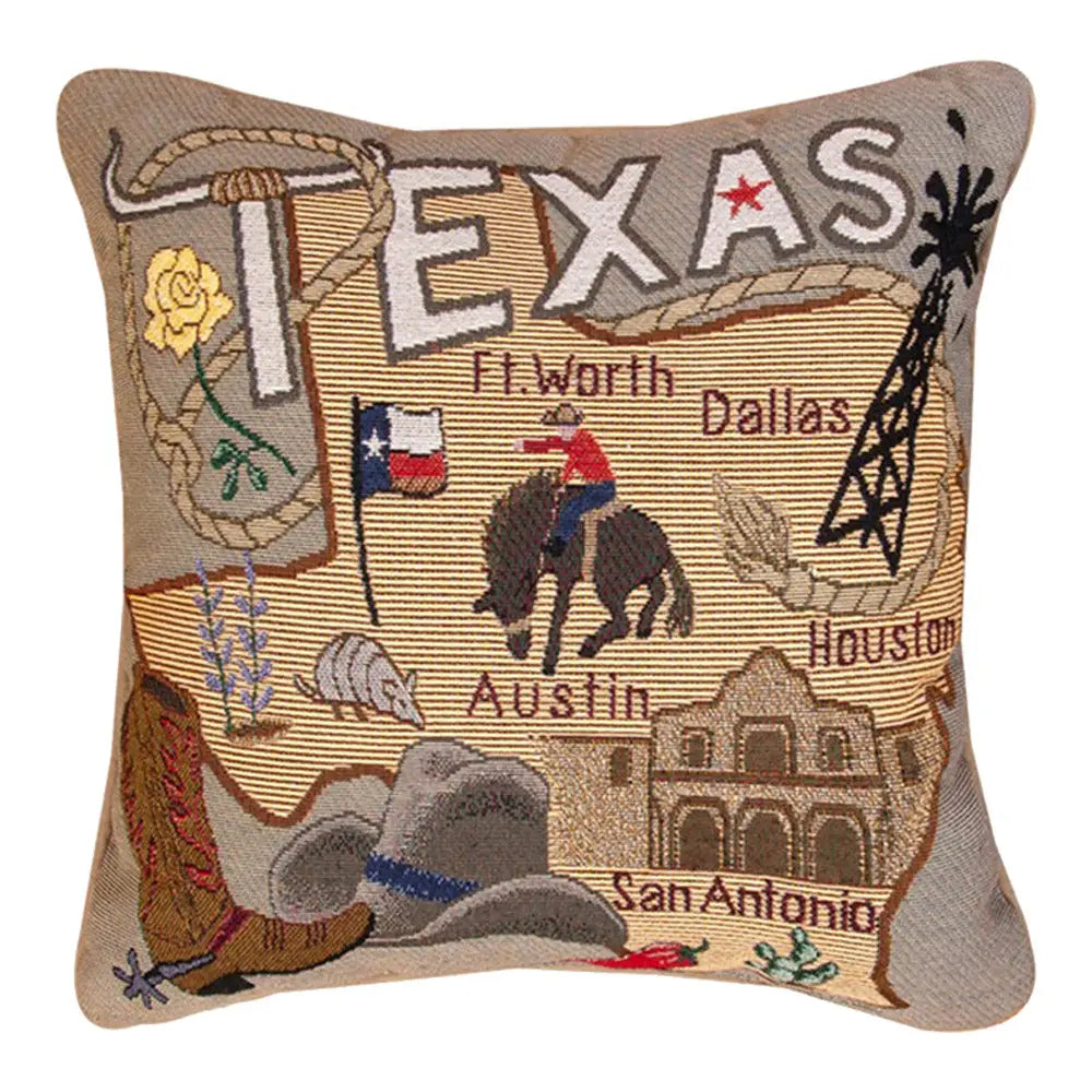 State To State Texas 17 by 17 inch decorative pillow with Texas-themed design displayed on the Texas Gift Baskets storefront