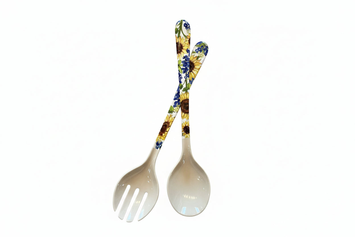 Sunflower and bluebonnets floral utensil serving set with flower designs displayed as a Texas-themed kitchen gift on the Texas Gift Baskets storefront
