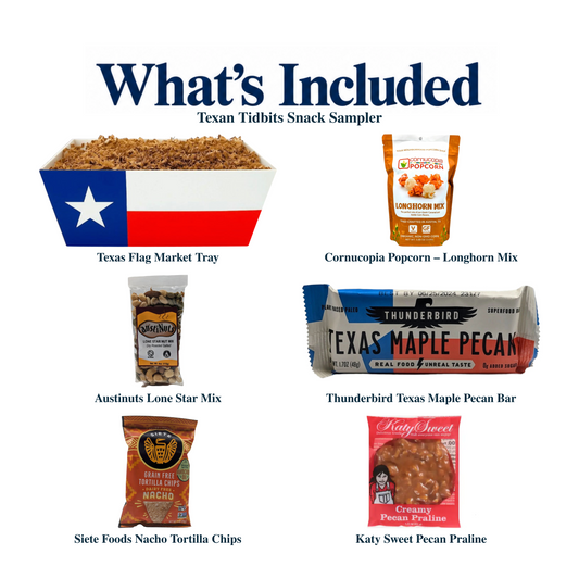 What's included in Texan Tidbits Snack Sampler: each included item individually labeled.