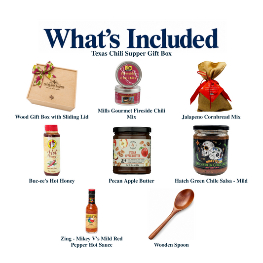 What's included in Texas Chili Supper Gift Box: each included item individually labeled.