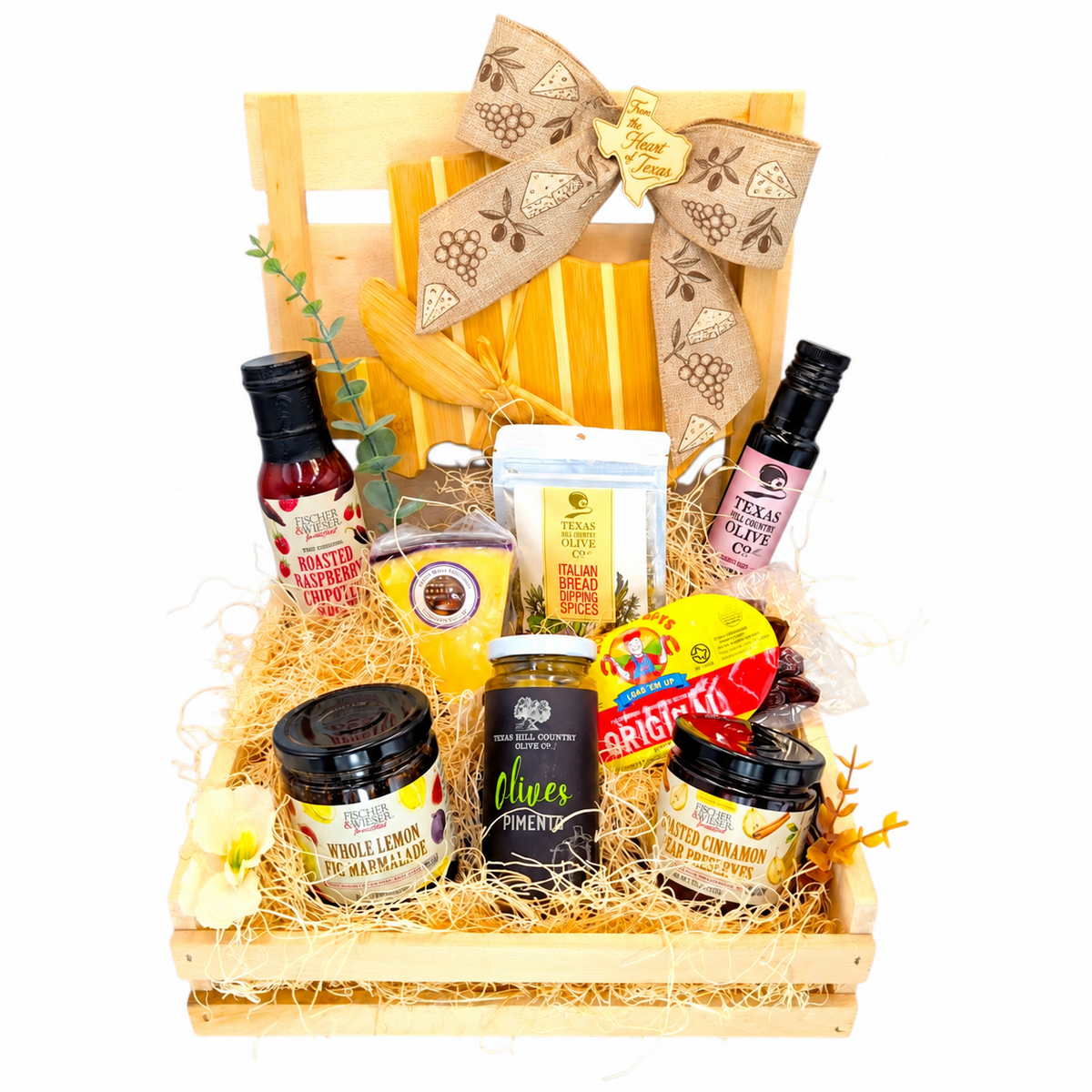 Texas Pantry & Charcuterie Crate with preserves, olives, cheese and a Texas-shaped serving board
