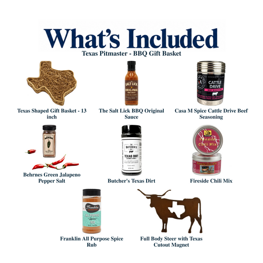 What's included in Texas Pitmaster - BBQ Gift Basket: the gift container and each included product, individually labeled.