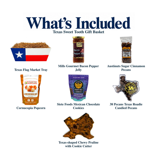 What's included in Texas Sweet Tooth Gift Basket: each included item individually labeled.