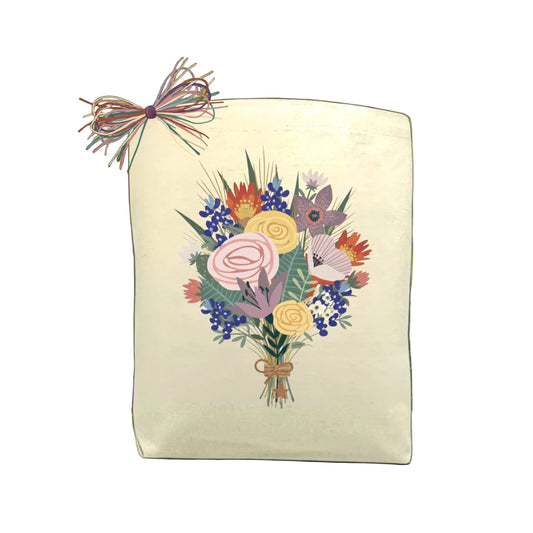 Texas Wildflower Bouquet canvas tote featuring an illustrated floral arrangement inspired by bluebonnets and Hill Country charm, perfect for thoughtful Texas gifts.